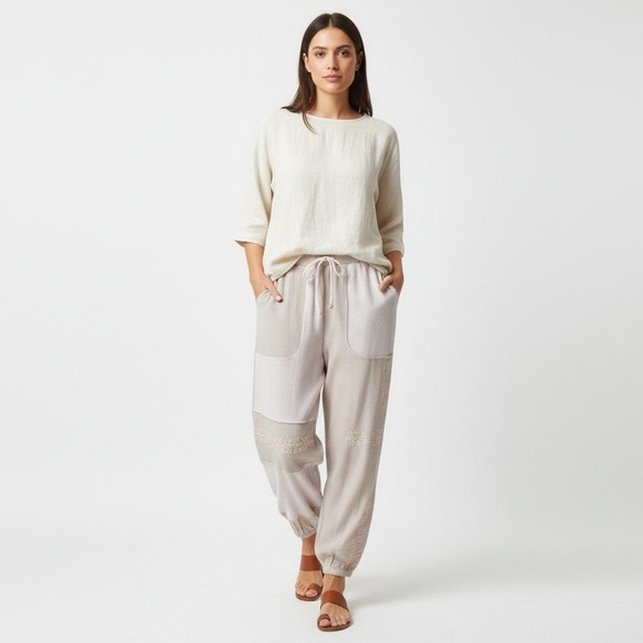 POL Pants - POL Womens Boho Patchwork Embroidered Waffle Knit Jogger Pants Beige Small FKP91